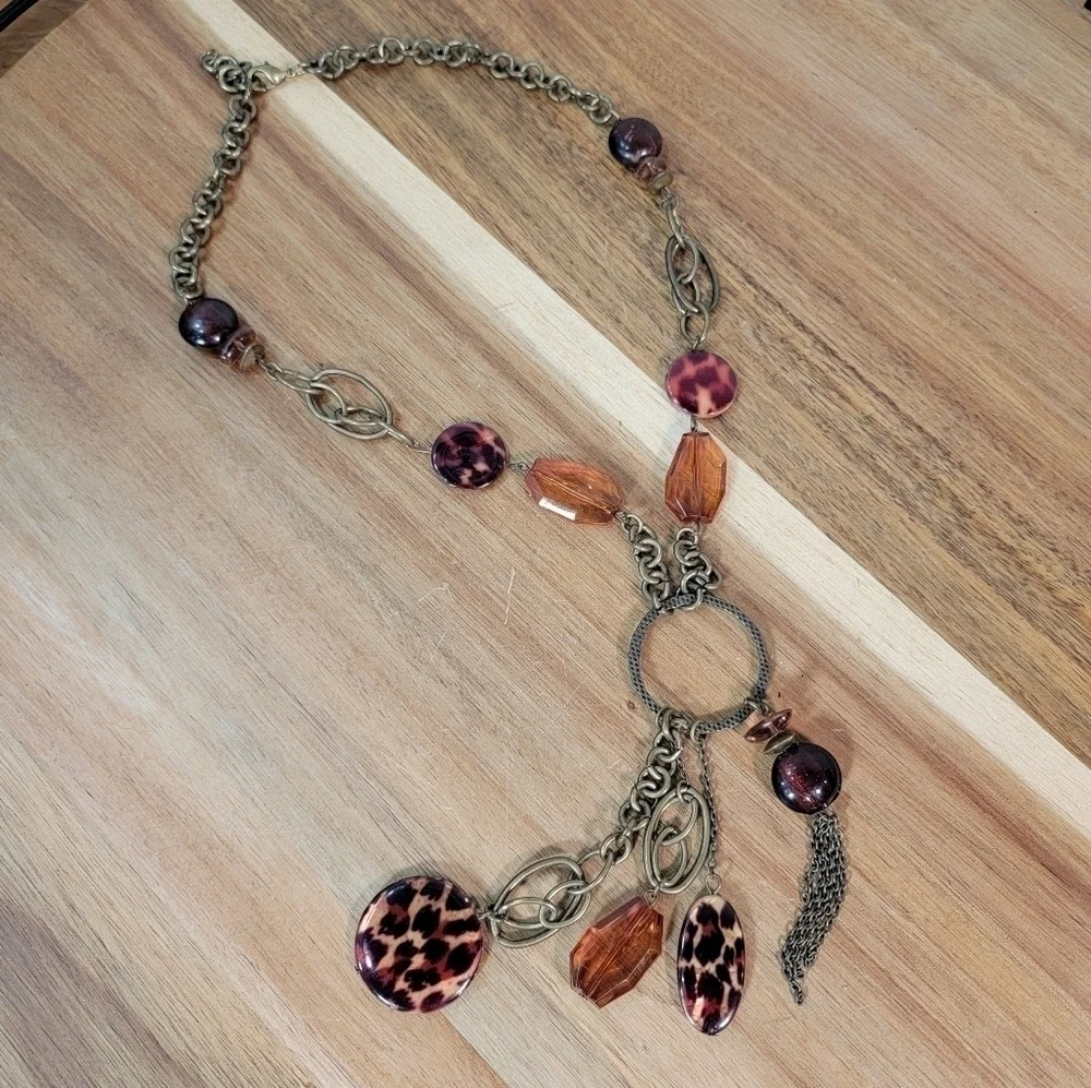 Antique Bronze Metal Statement Necklace with Amber beads and Chain Tassels Boho